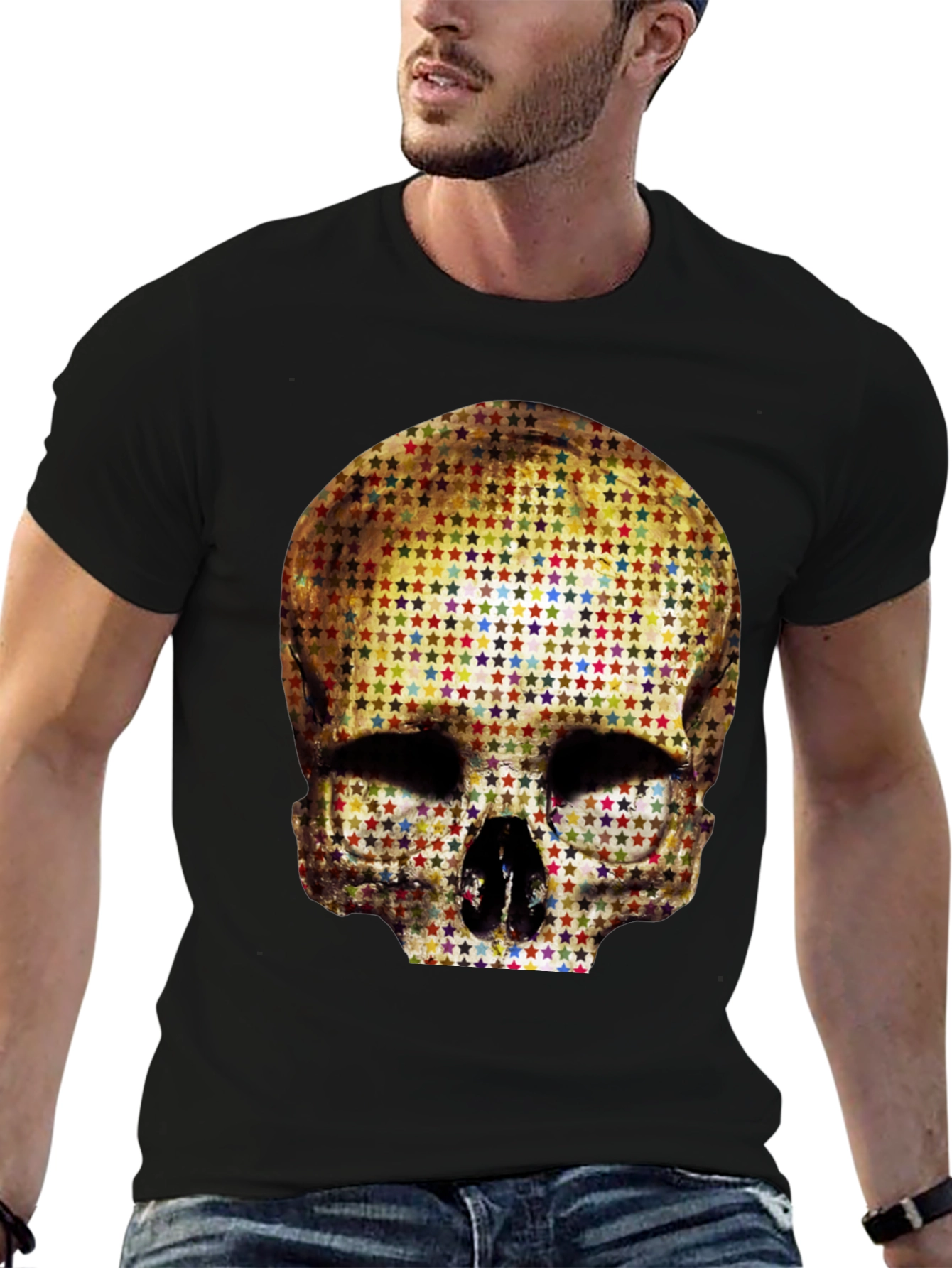 Skull Star Pattern Graphic Tee - Black