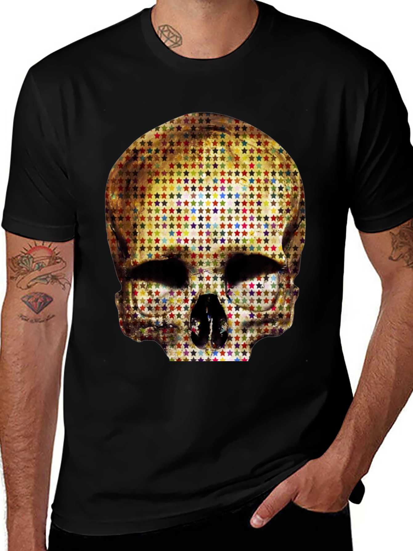 Skull Star Pattern Graphic Tee - Black