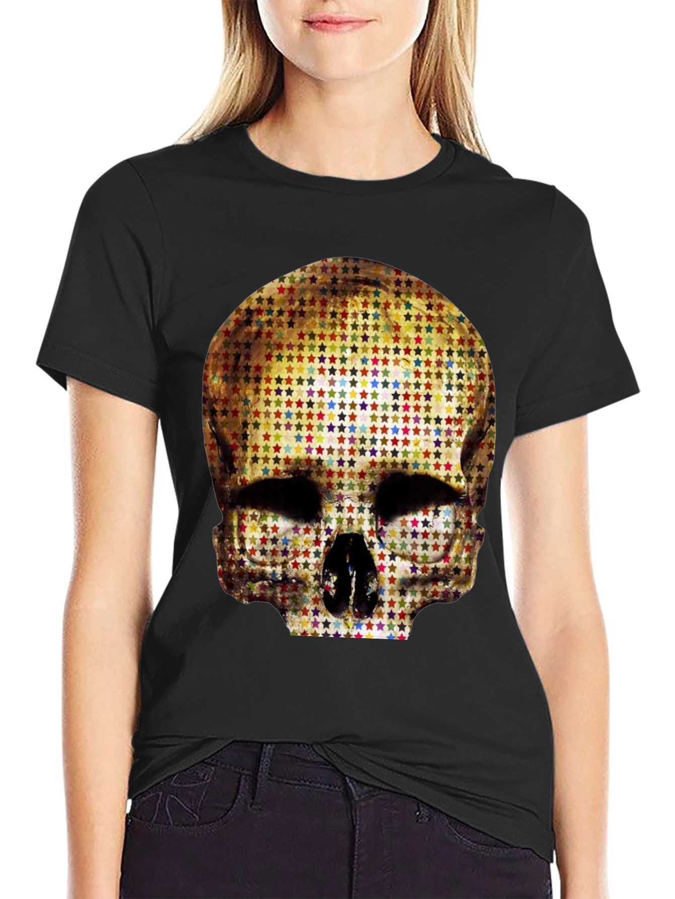 Skull Star Pattern Graphic Tee - Black