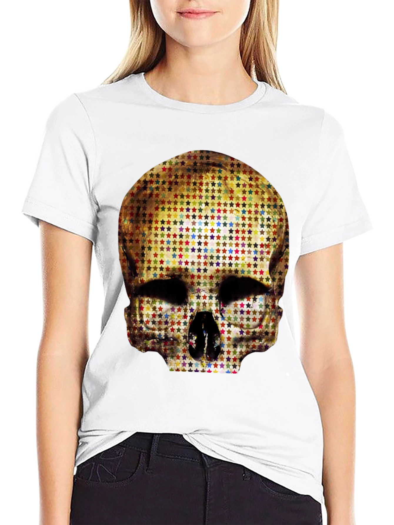 Skull Star Pattern Graphic Tee - Black