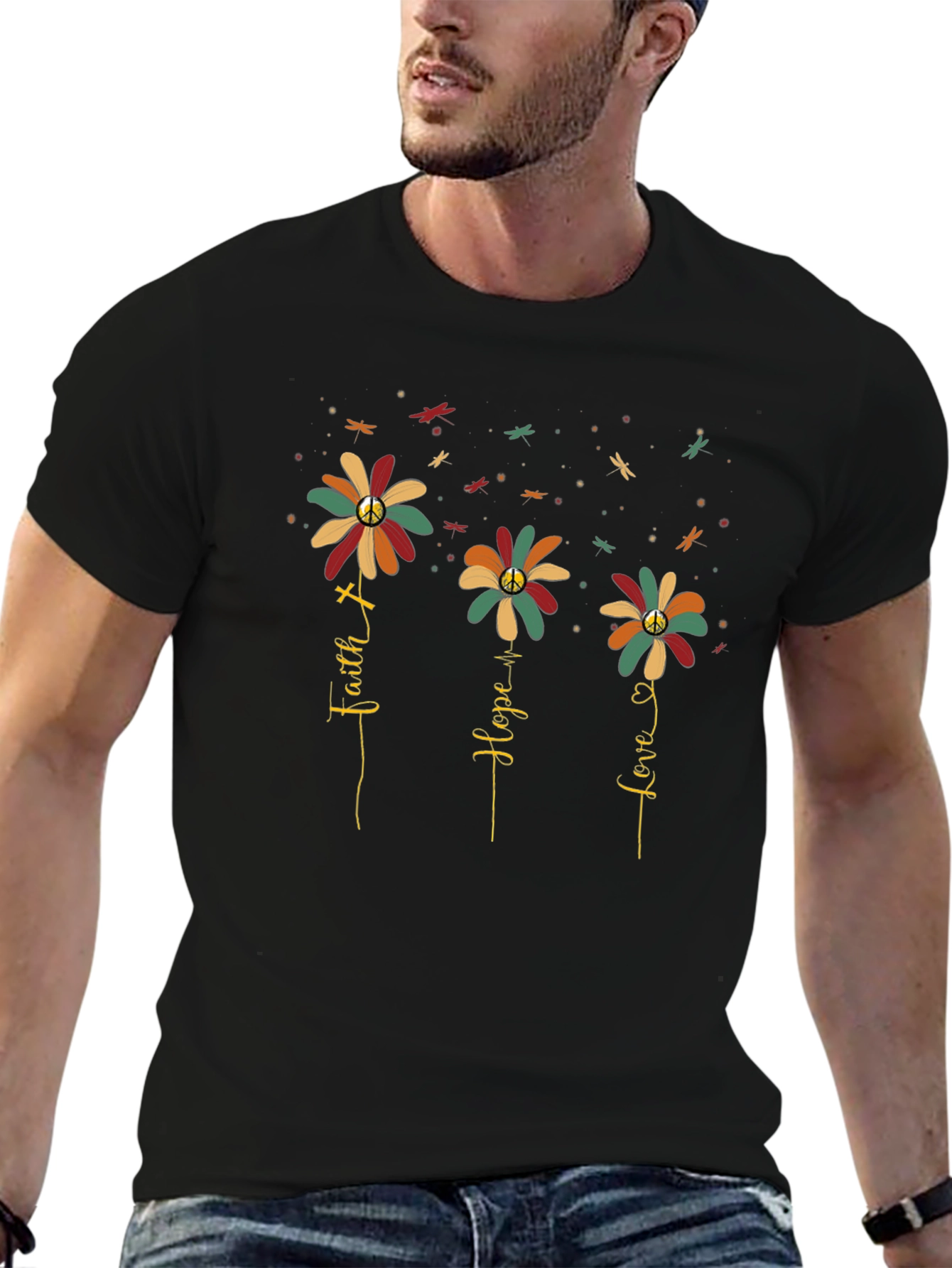 Faith Hope Love Flower Graphic Tee - Black