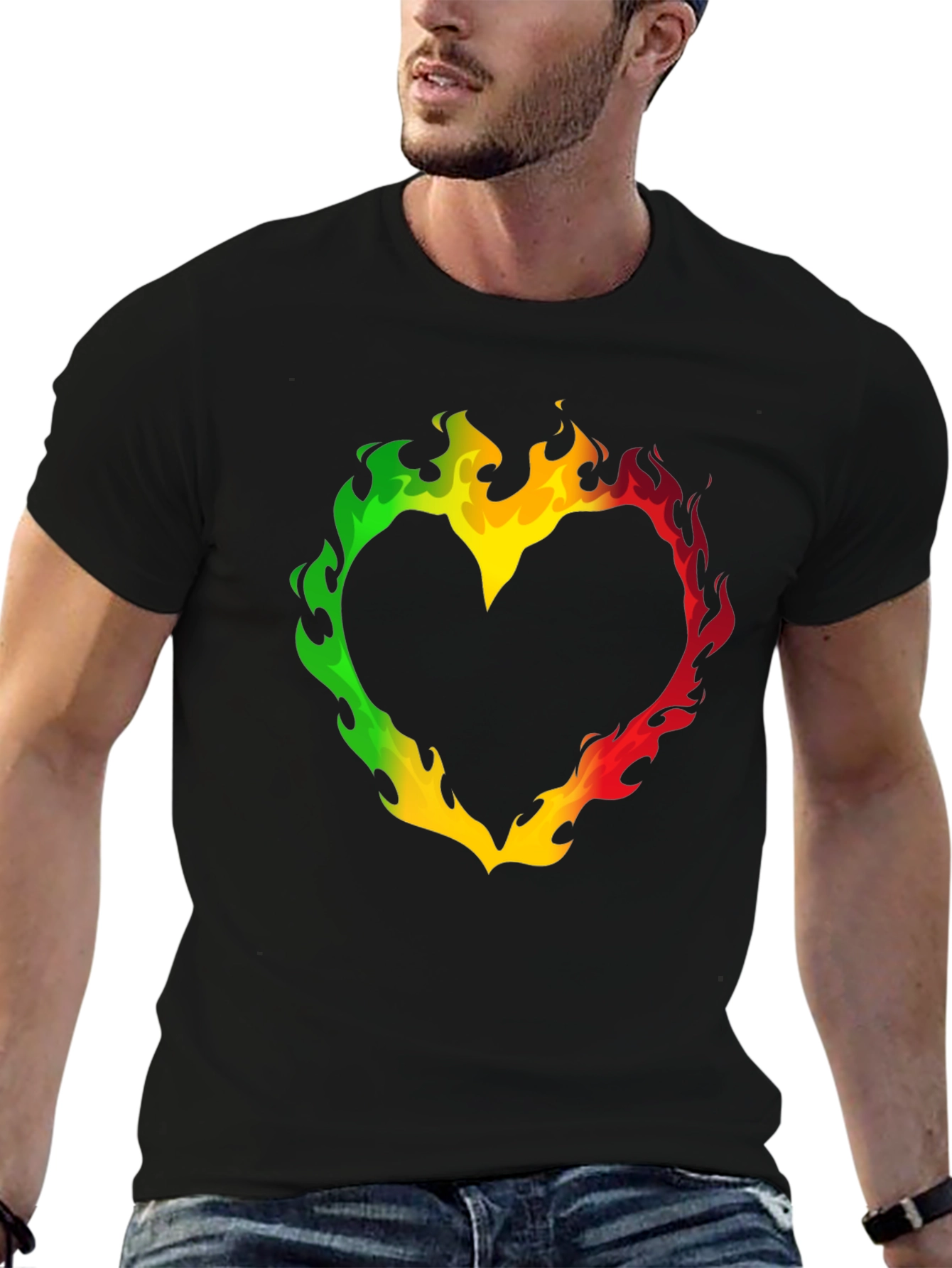 Rasta Heart Flames T-Shirt - Black
