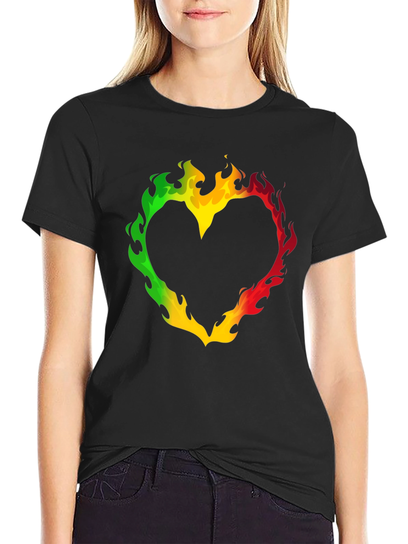 Rasta Heart Flames T-Shirt - Black