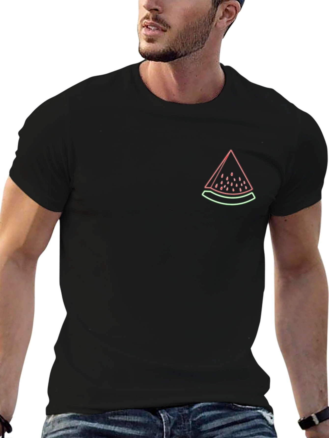 Neon Watermelon Graphic Tee - Black Cotton Casual T-Shirt