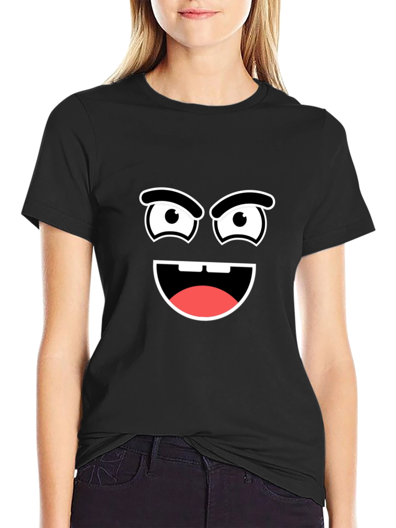Cartoon Face Graphic Tee - Black Cotton T-Shirt