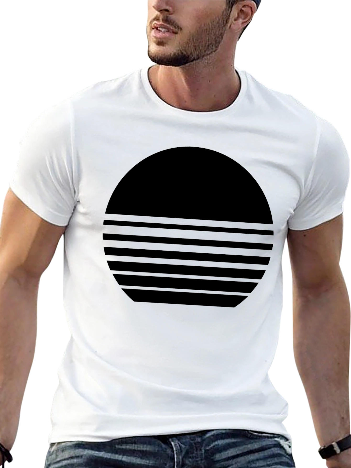 Modern Black Graphic Tee - Striped Circle Design