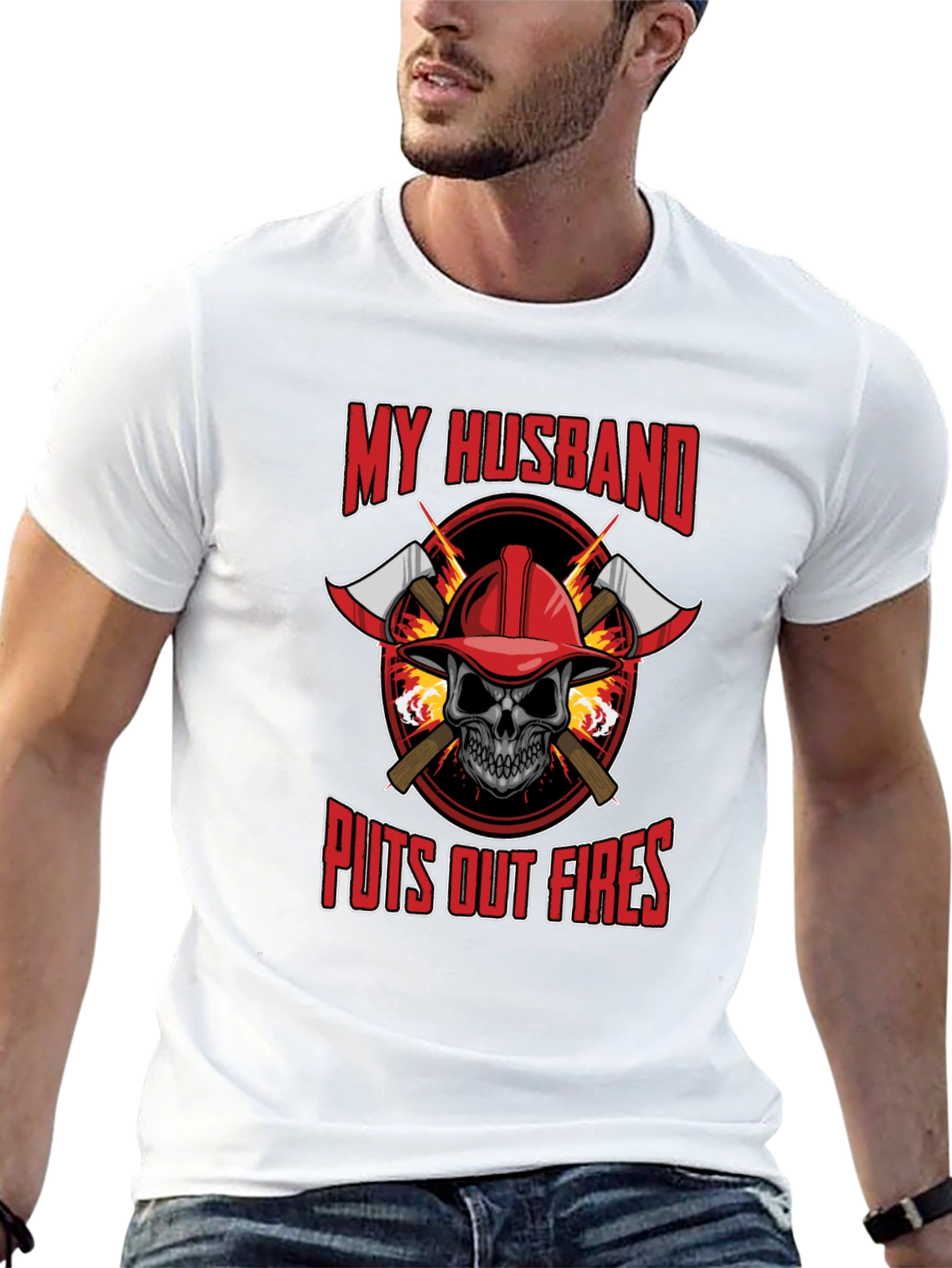 Firefighter Husband T-Shirt - Skull and Axes Design