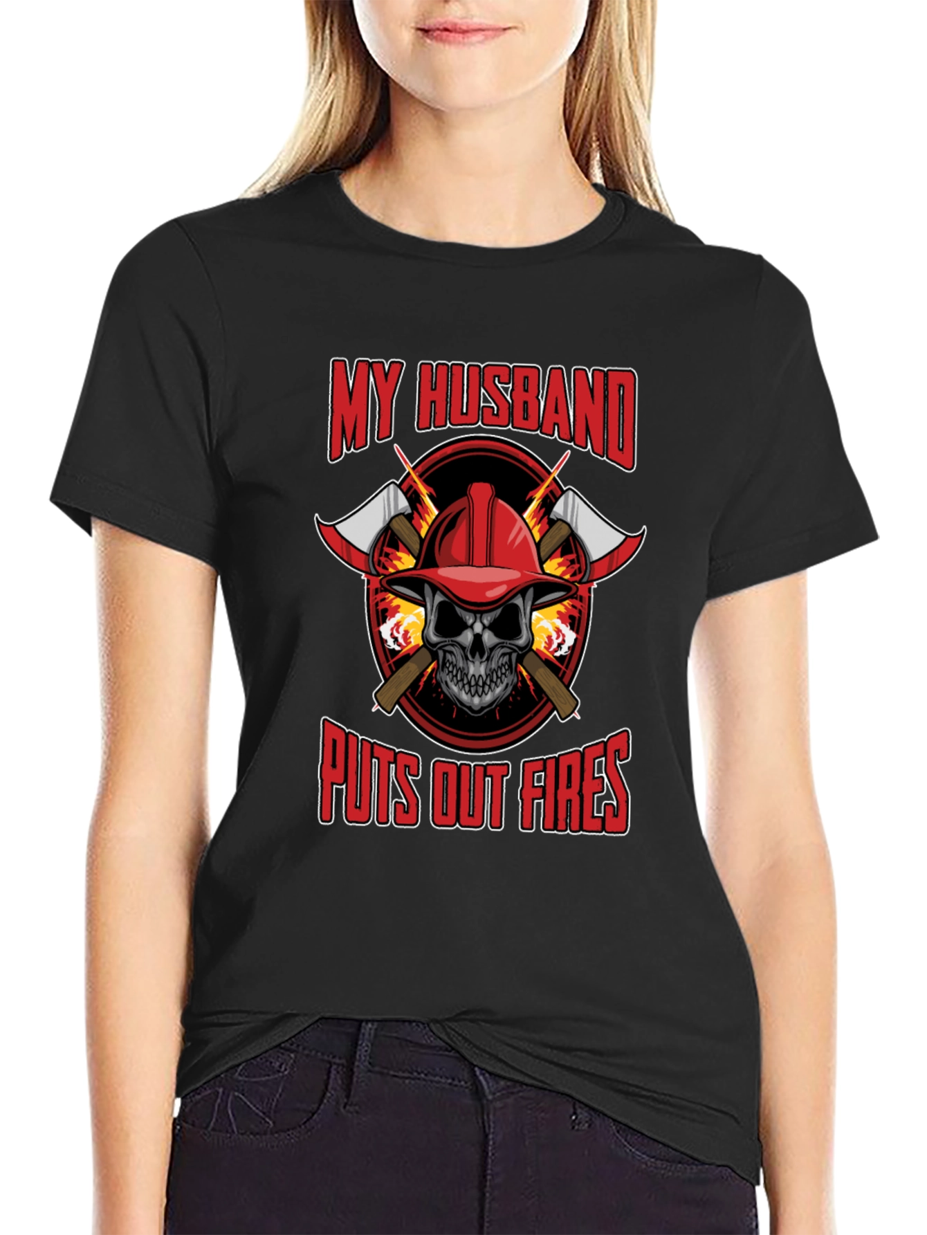 Firefighter Husband T-Shirt - Skull and Axes Design