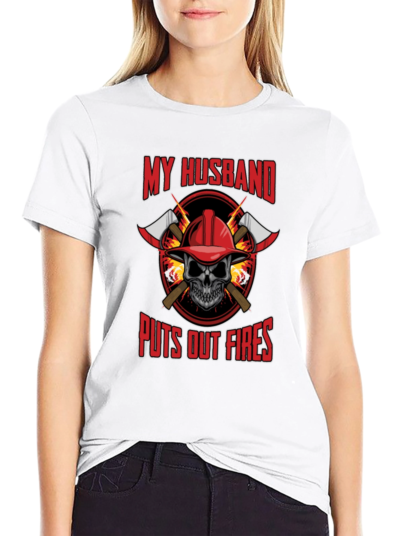 Firefighter Husband T-Shirt - Skull and Axes Design