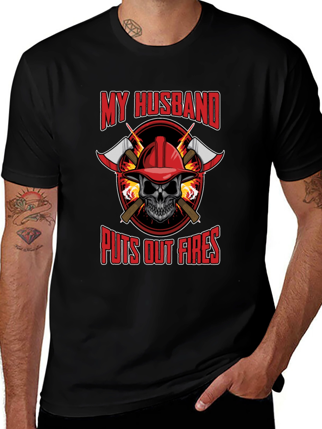 Firefighter Husband T-Shirt - Skull and Axes Design