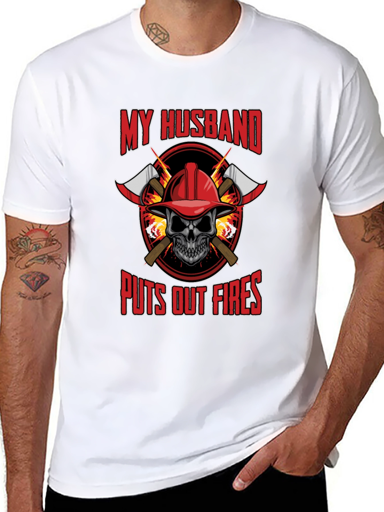 Firefighter Husband T-Shirt - Skull and Axes Design