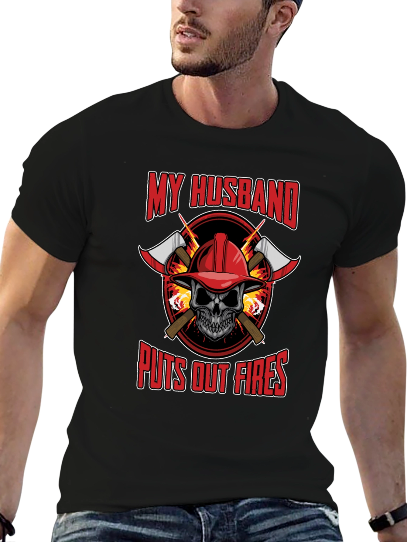 Firefighter Husband T-Shirt - Skull and Axes Design