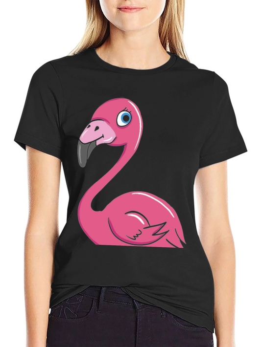 Cartoon Flamingo Graphic Tee - Black Cotton Blend