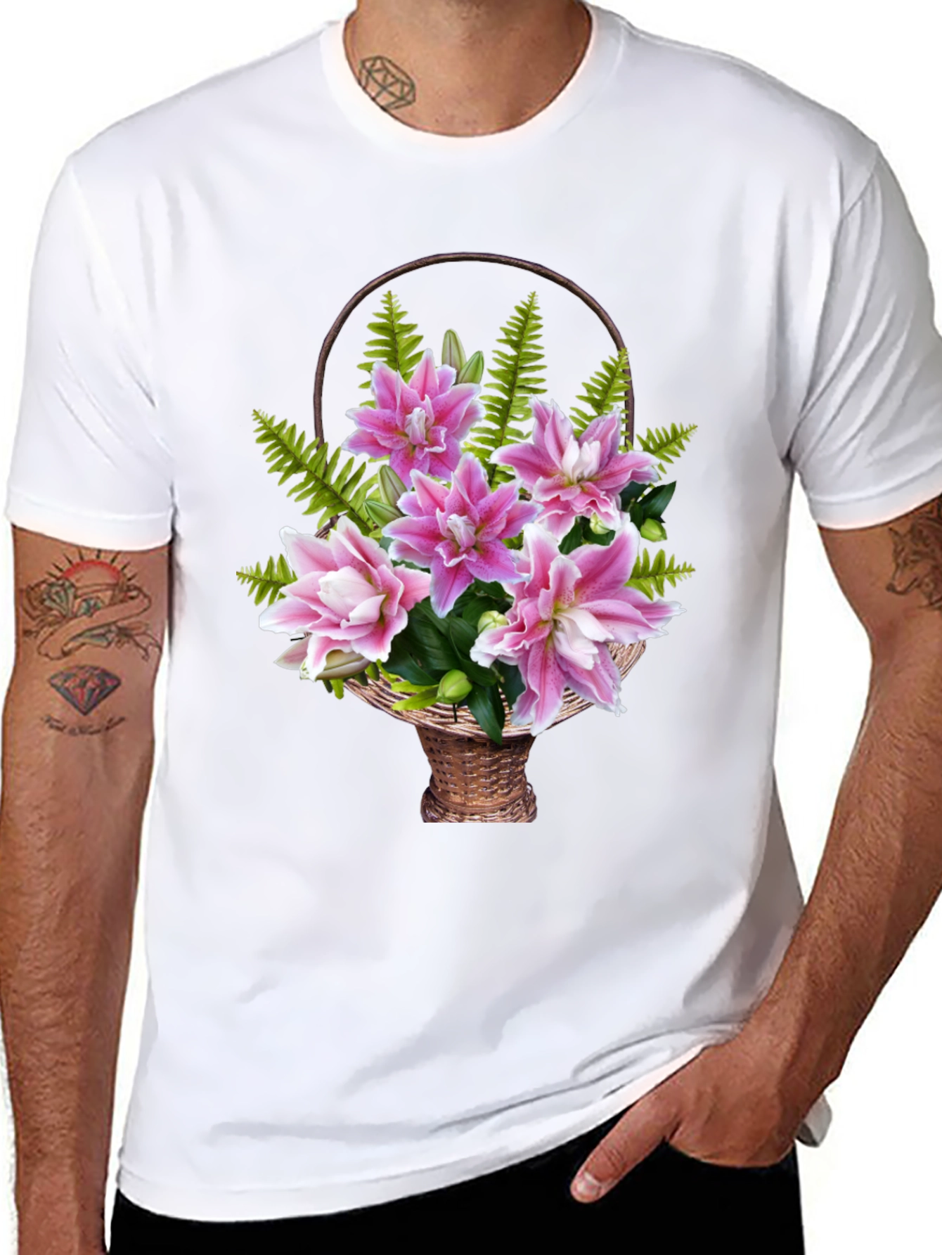Floral Basket Graphic Tee - Pink Lily Design