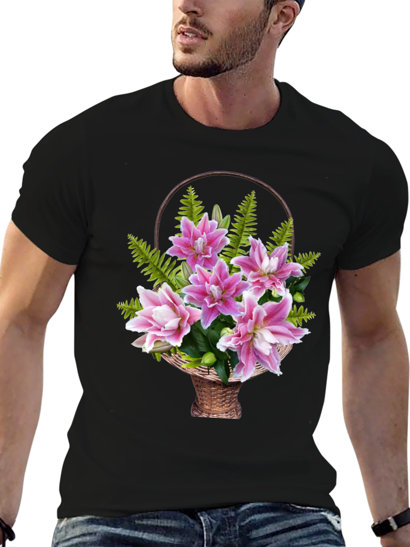 Floral Basket Graphic Tee - Pink Lily Design
