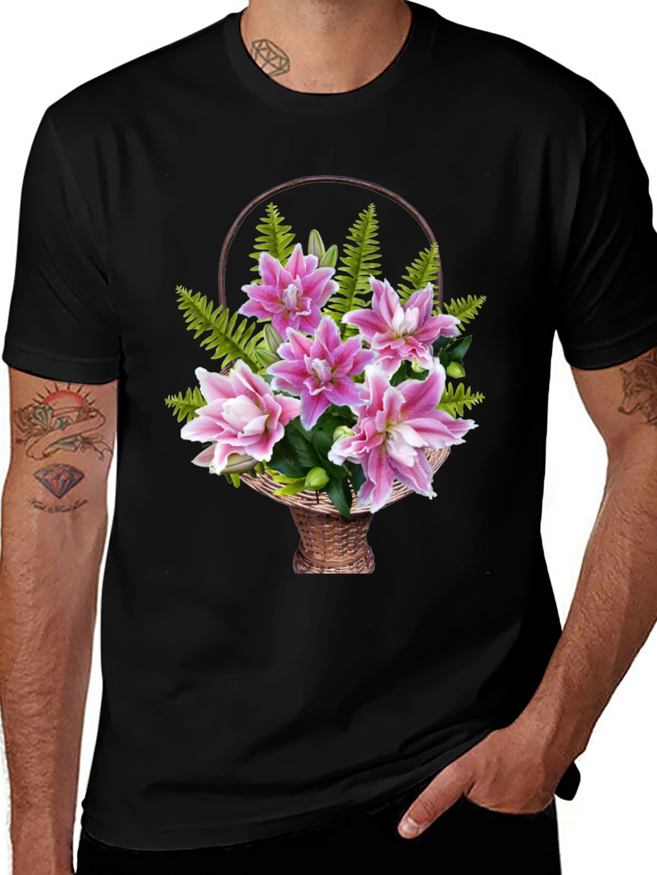 Floral Basket Graphic Tee - Pink Lily Design