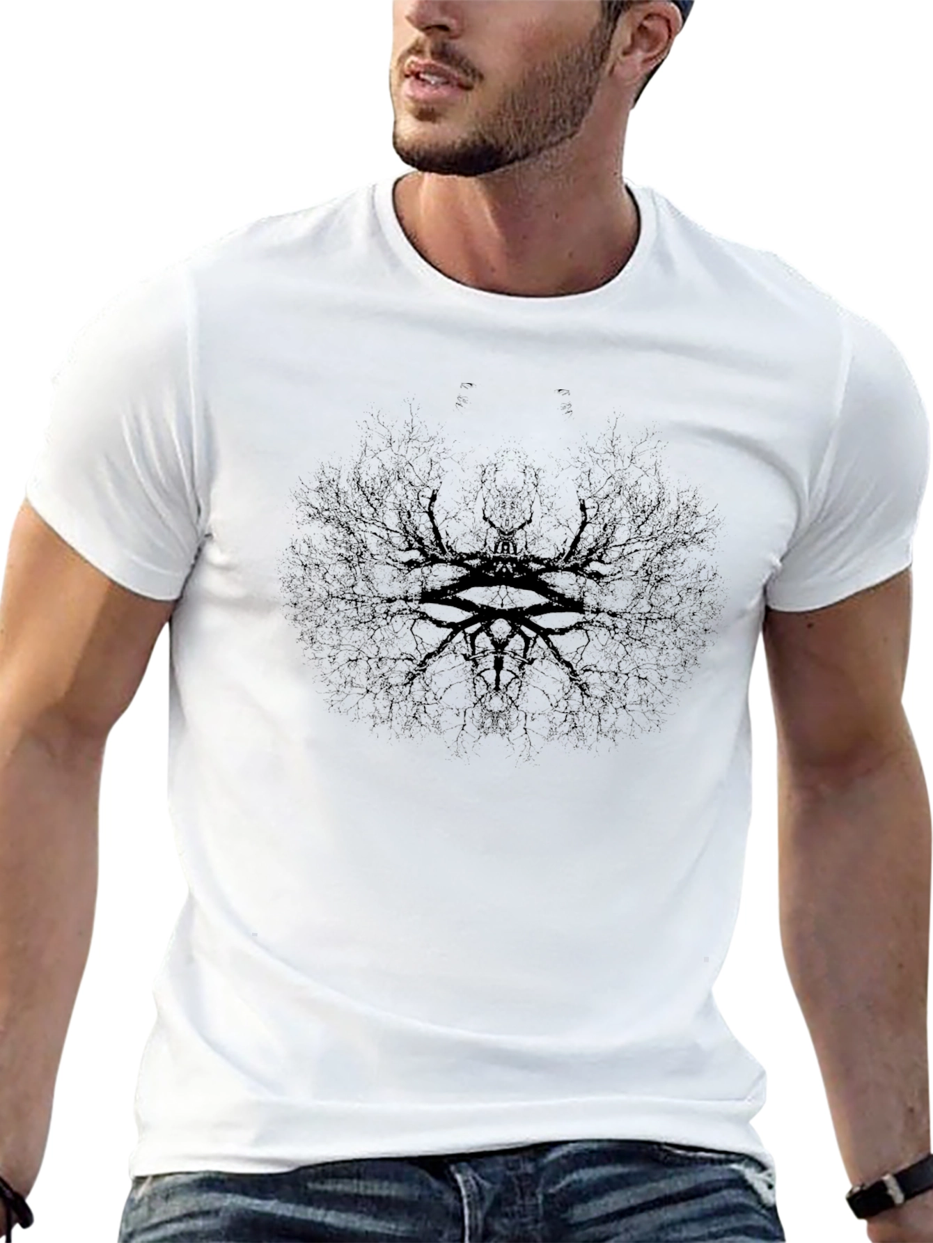 Mens Black Graphic Tee - Abstract Eye Tree Design