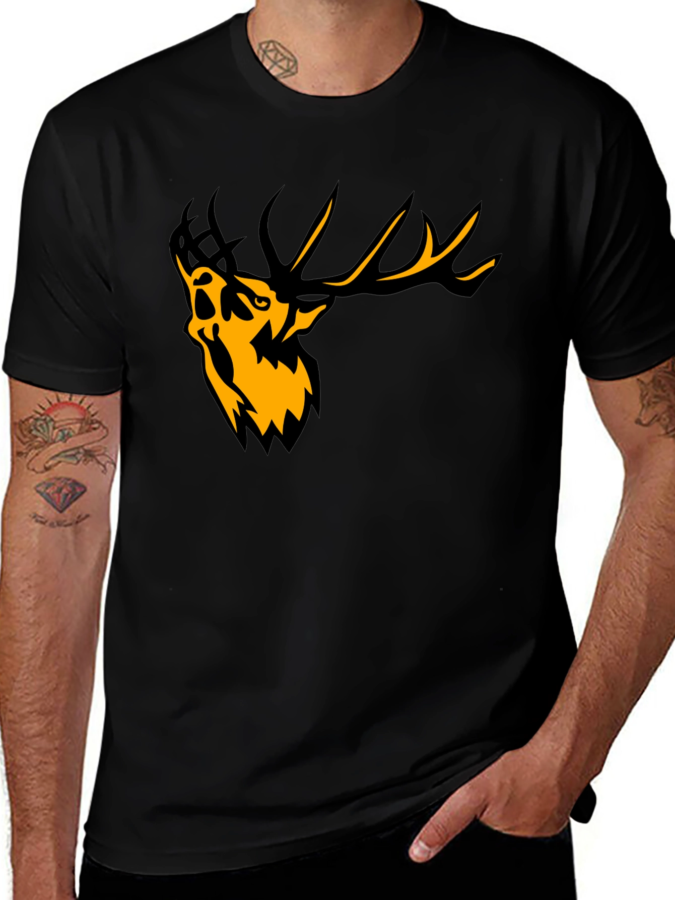 Mens Black Graphic Tee - Abstract Deer Design