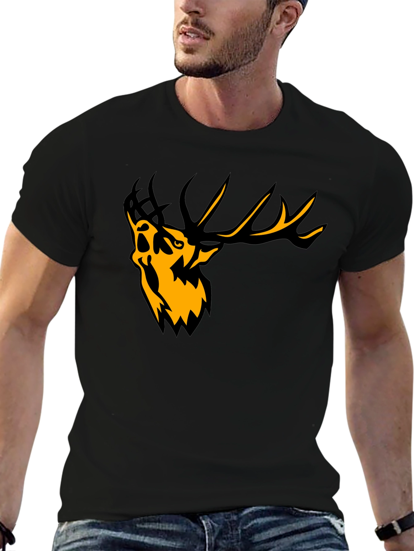 Mens Black Graphic Tee - Abstract Deer Design