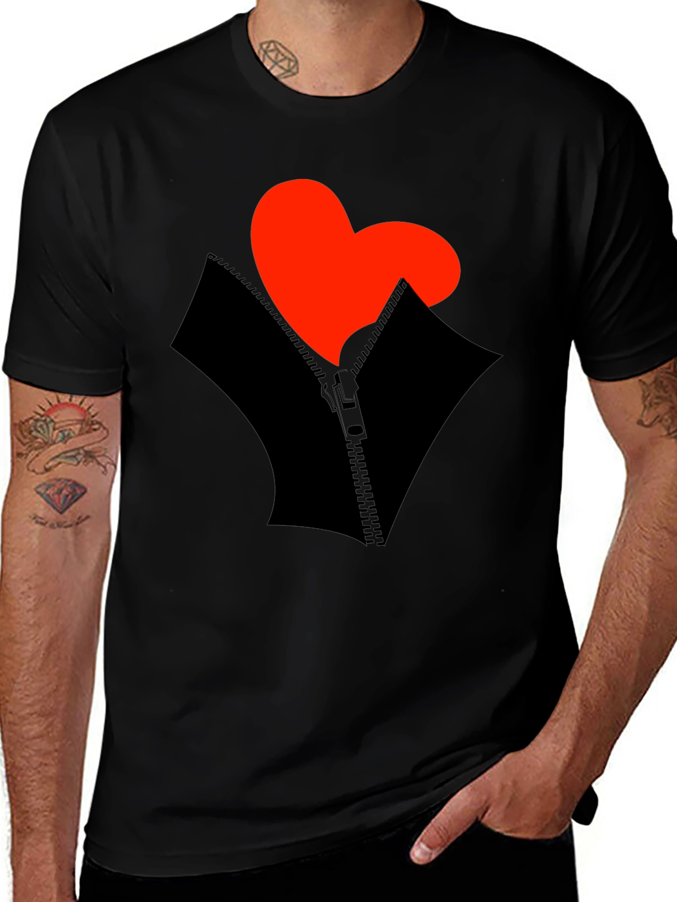 Heart Zipper Graphic Black T-Shirt