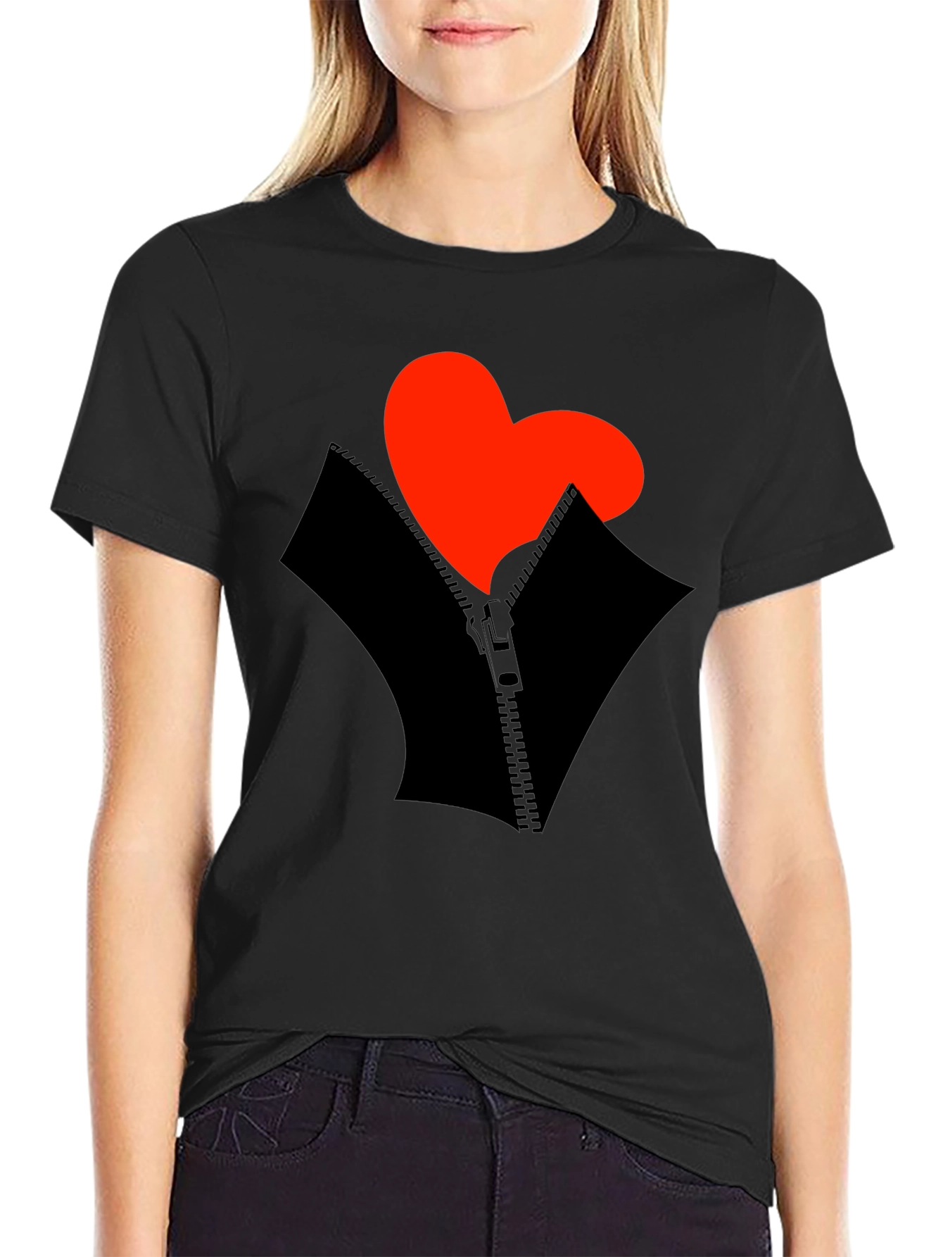 Heart Zipper Graphic Black T-Shirt