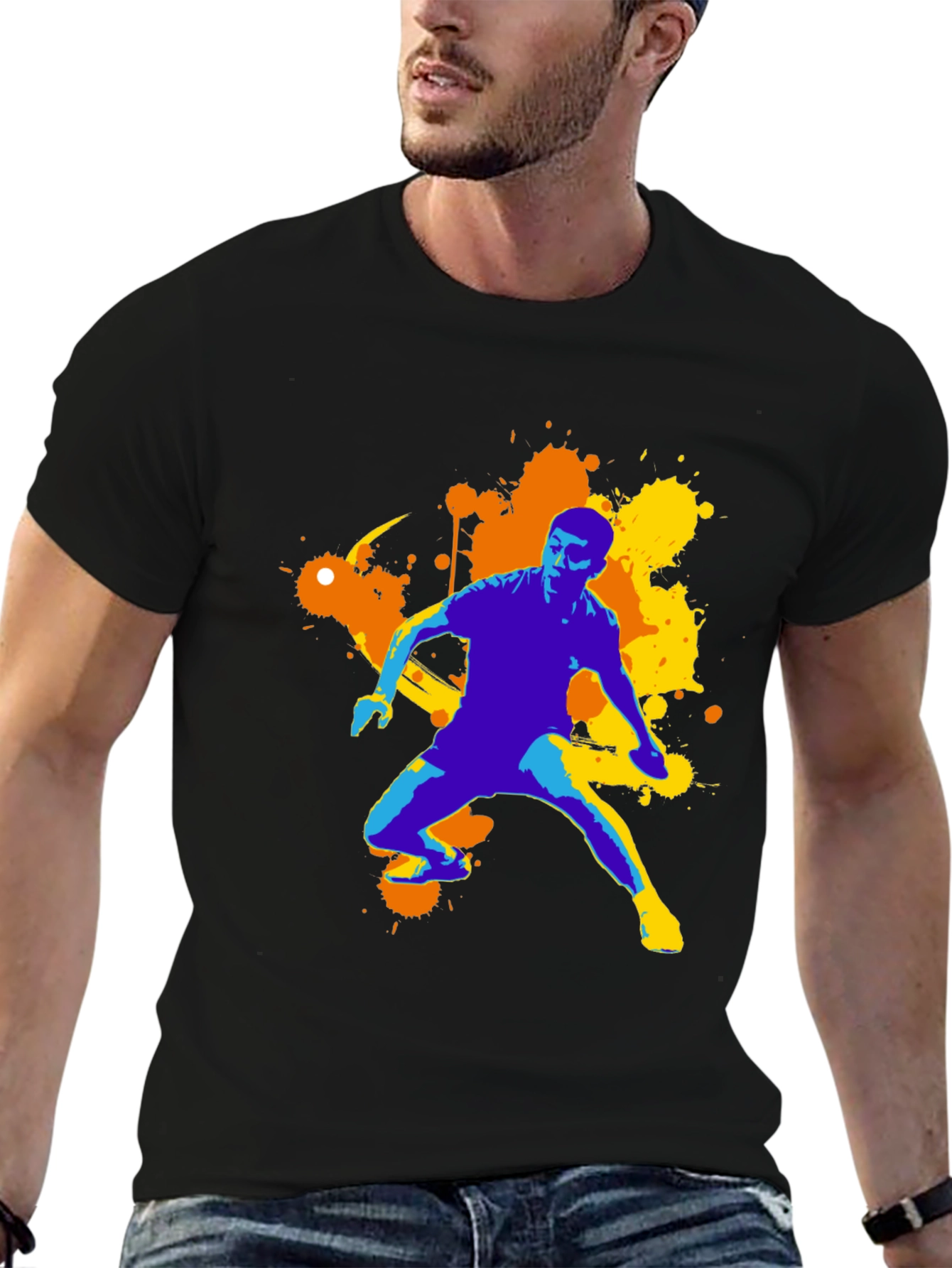 Abstract Athlete Graphic Tee - Black Cotton T-Shirt