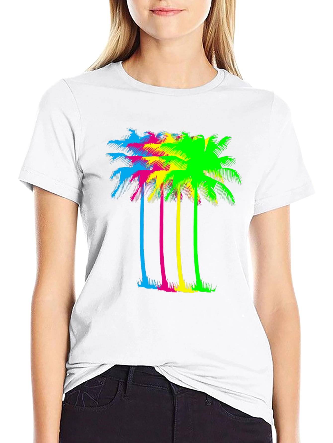 Vibrant Palm Tree Graphic Tee - Black Cotton Blend
