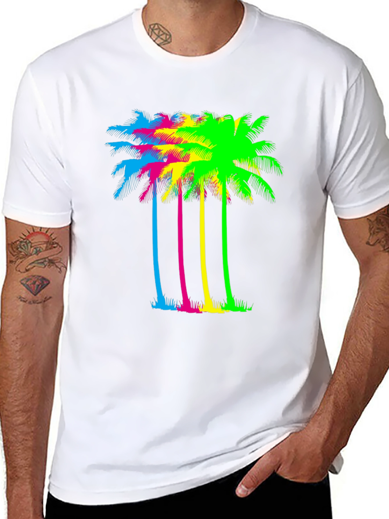 Vibrant Palm Tree Graphic Tee - Black Cotton Blend