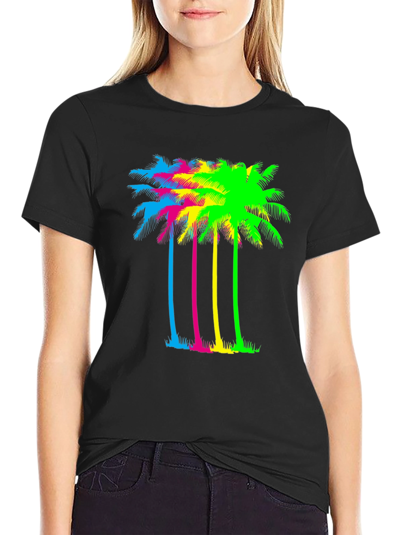 Vibrant Palm Tree Graphic Tee - Black Cotton Blend