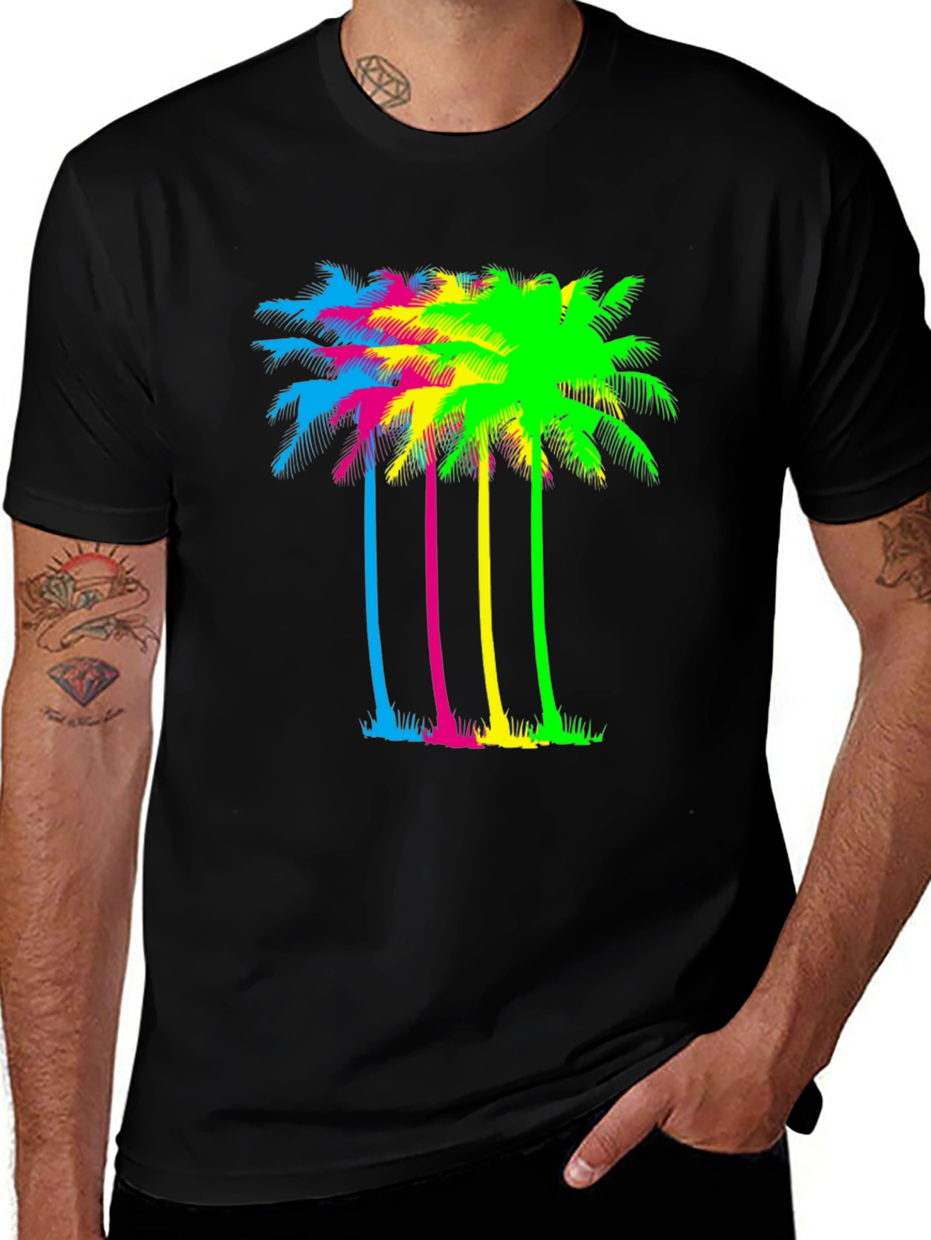 Vibrant Palm Tree Graphic Tee - Black Cotton Blend