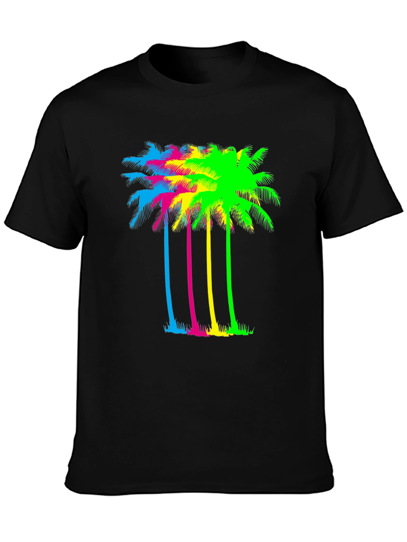 Vibrant Palm Tree Graphic Tee - Black Cotton Blend