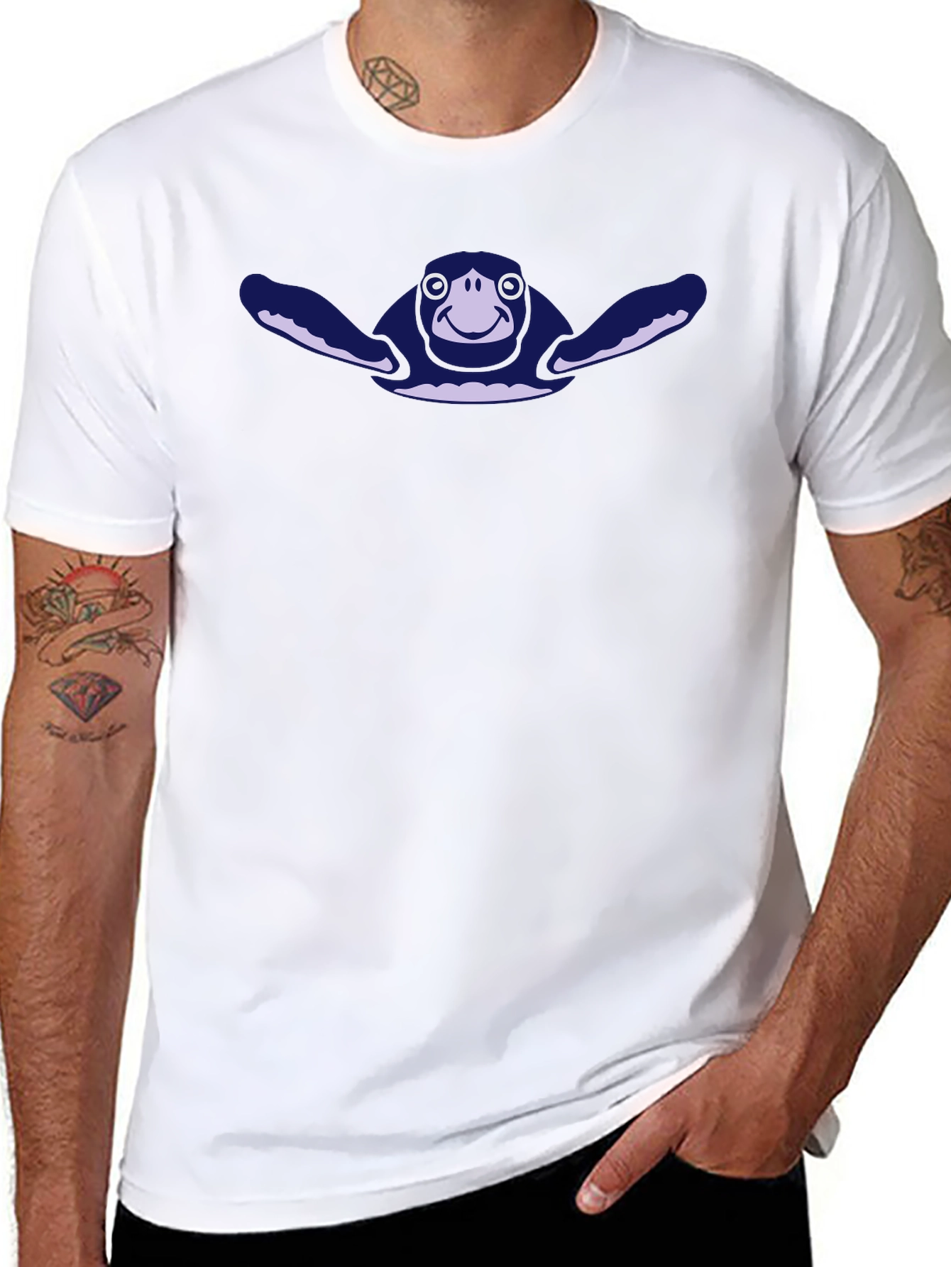 Mens Black T-Shirt with Cartoon Turtle Graphic