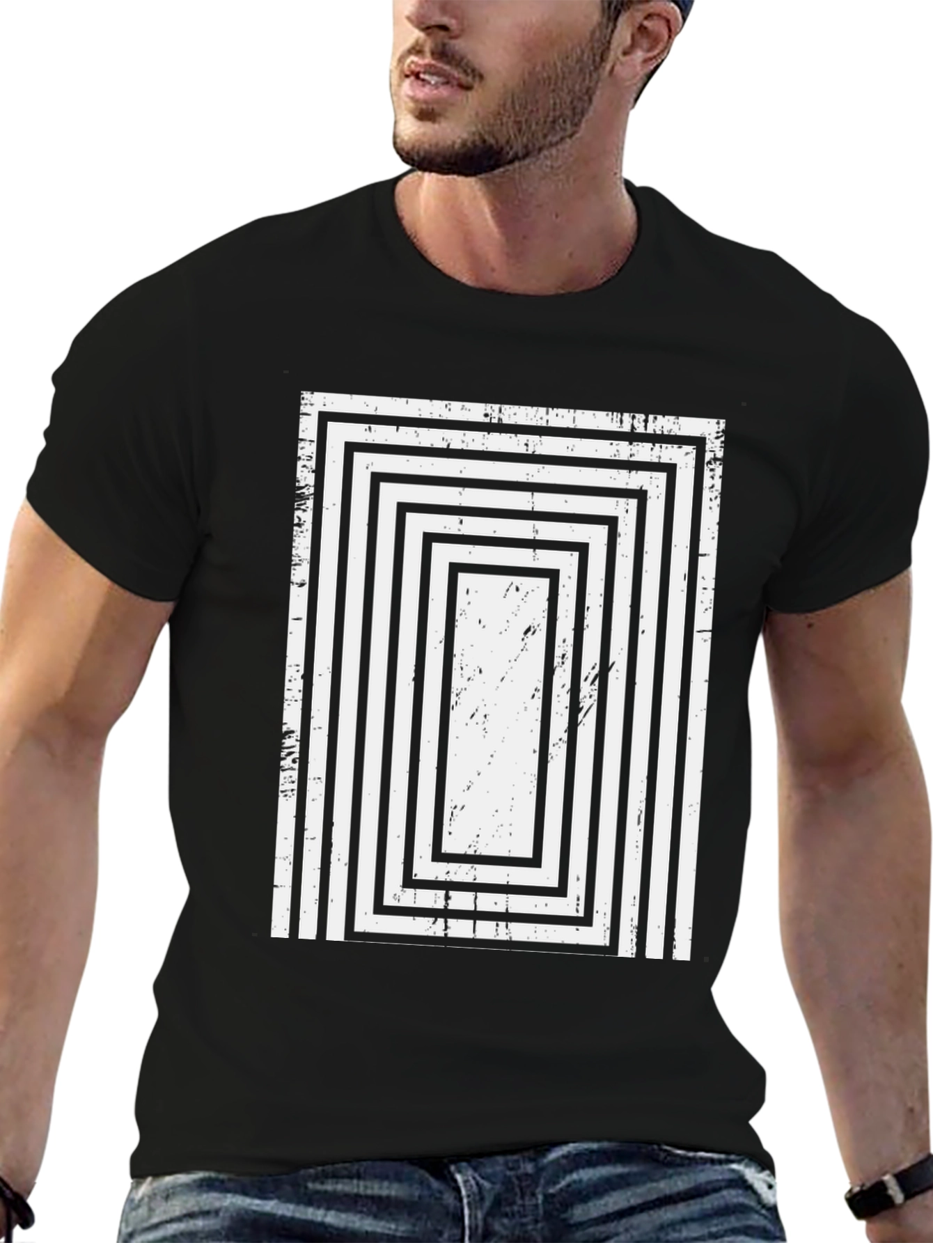 Retro Rectangle Pattern Black T-Shirt