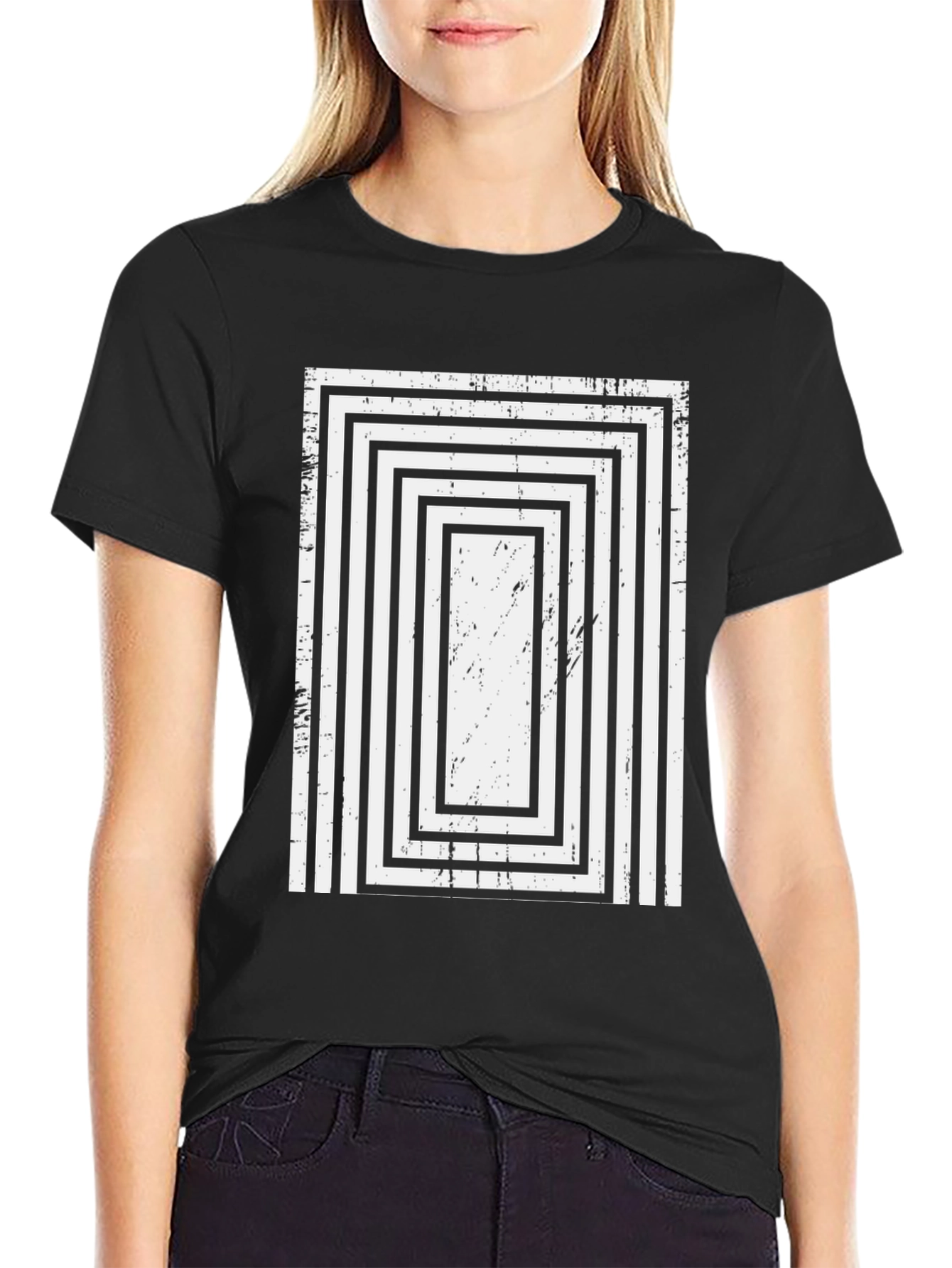 Retro Rectangle Pattern Black T-Shirt
