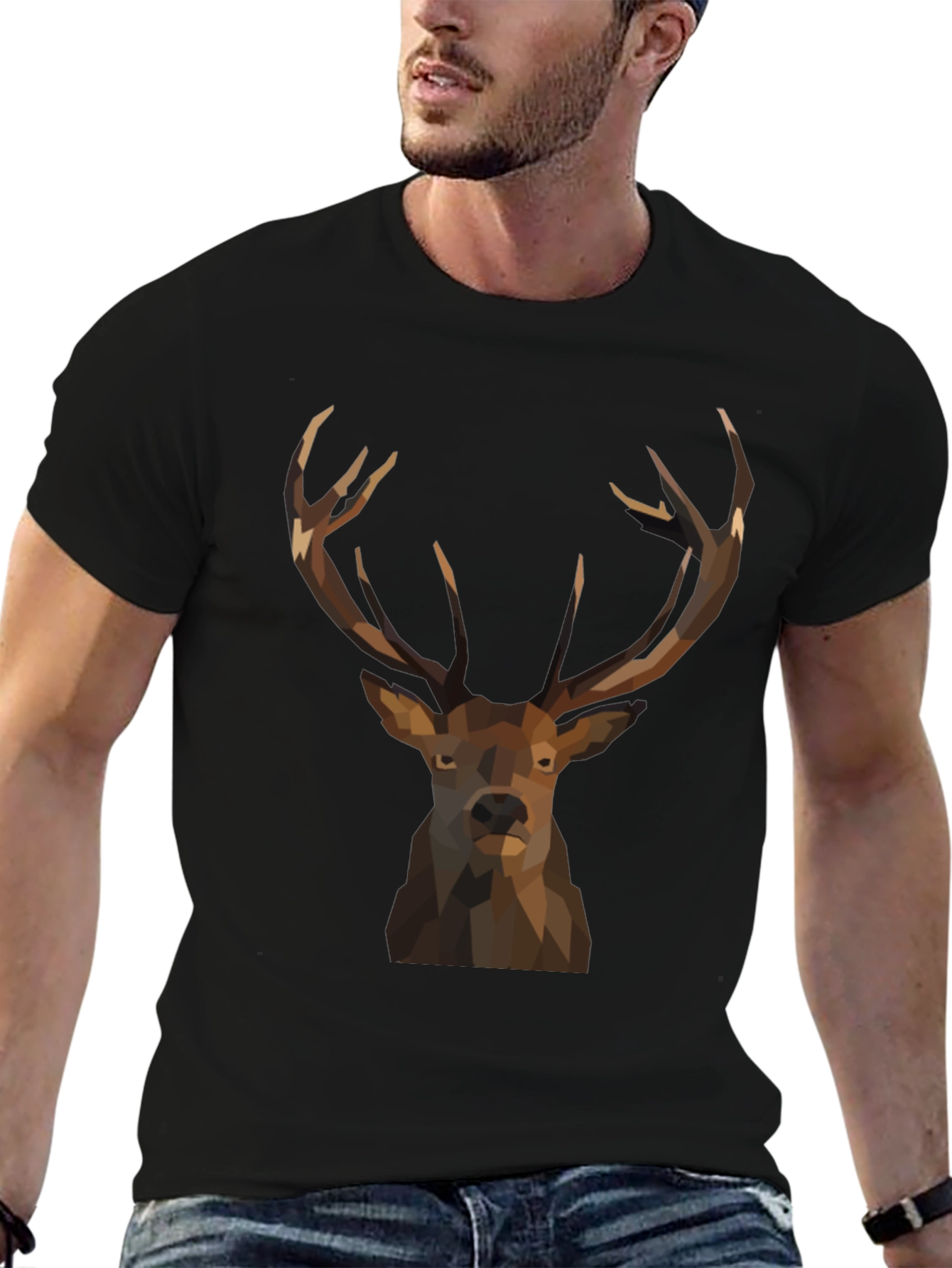 Geometric Deer Graphic Tee - Black