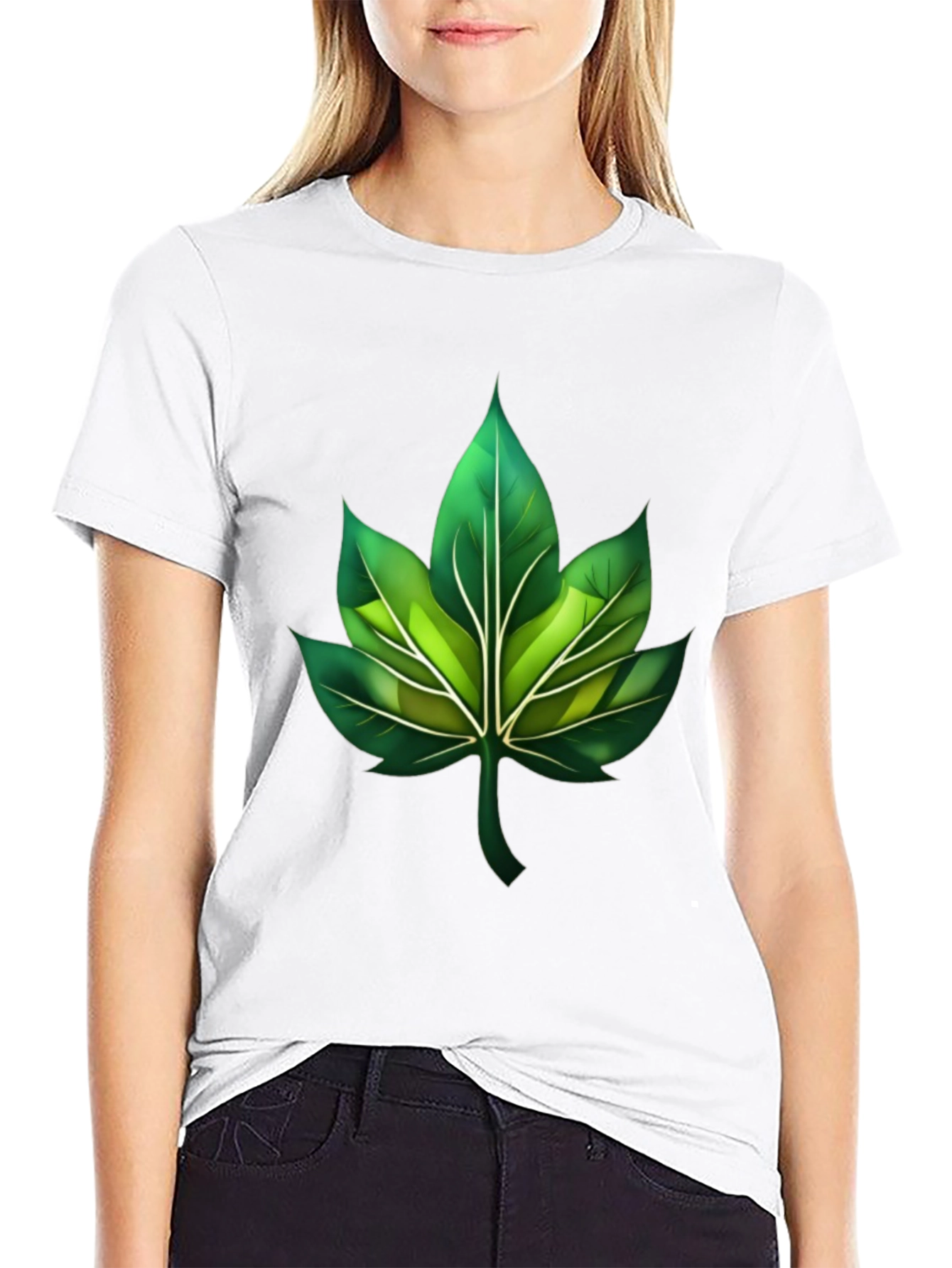 Green Leaf Graphic Black T-Shirt
