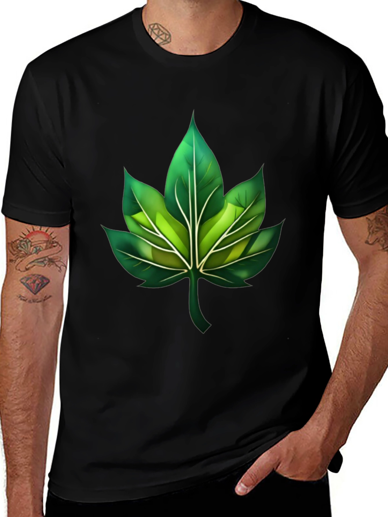 Green Leaf Graphic Black T-Shirt