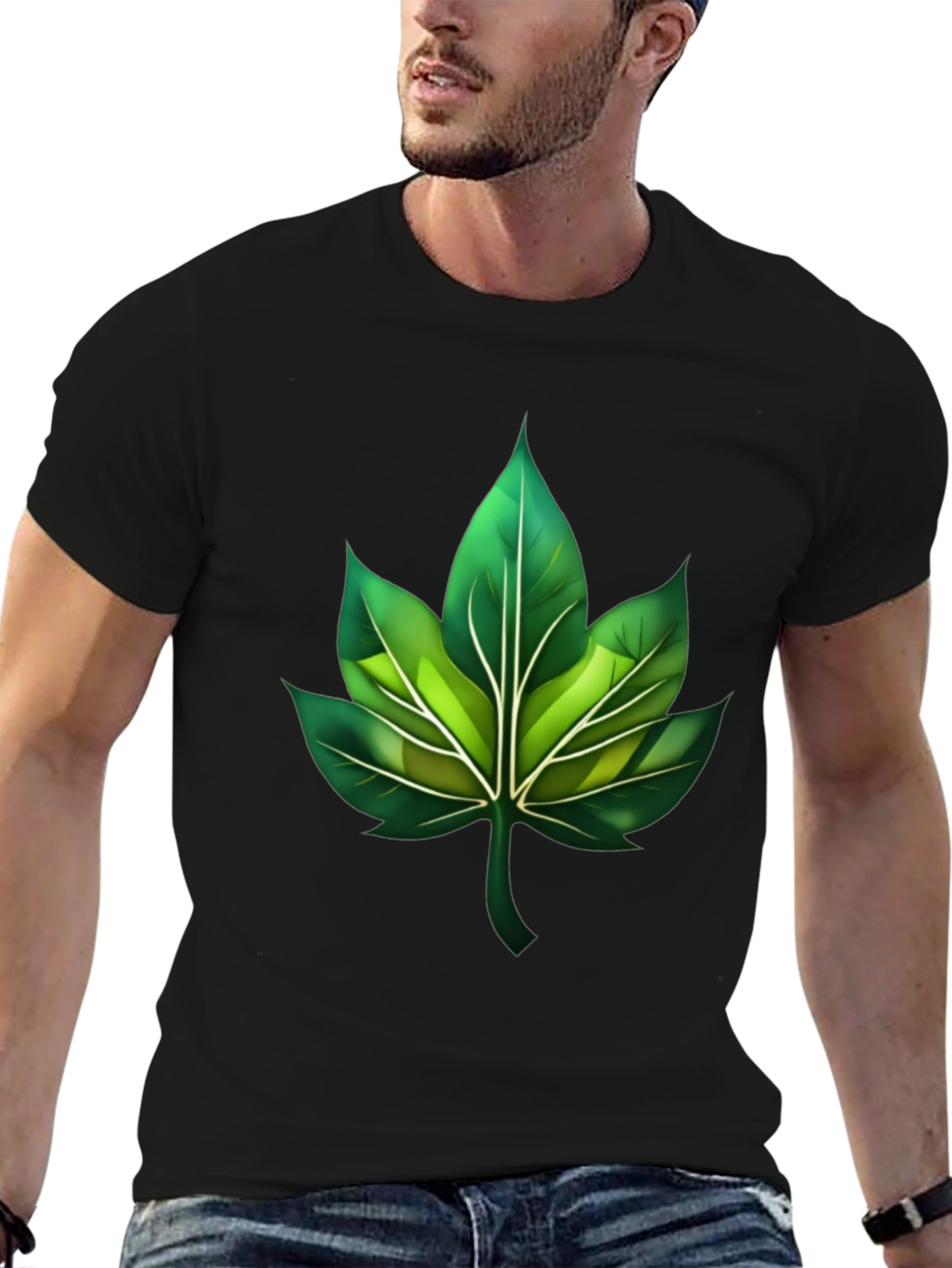 Green Leaf Graphic Black T-Shirt