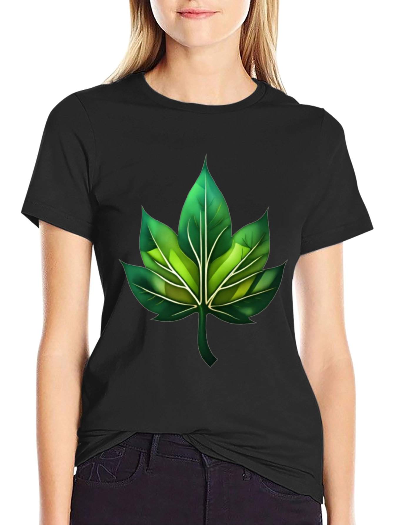 Green Leaf Graphic Black T-Shirt