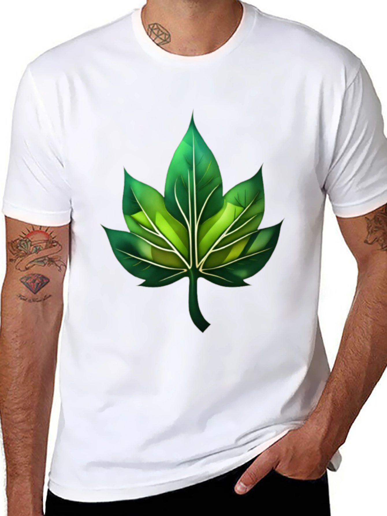 Green Leaf Graphic Black T-Shirt