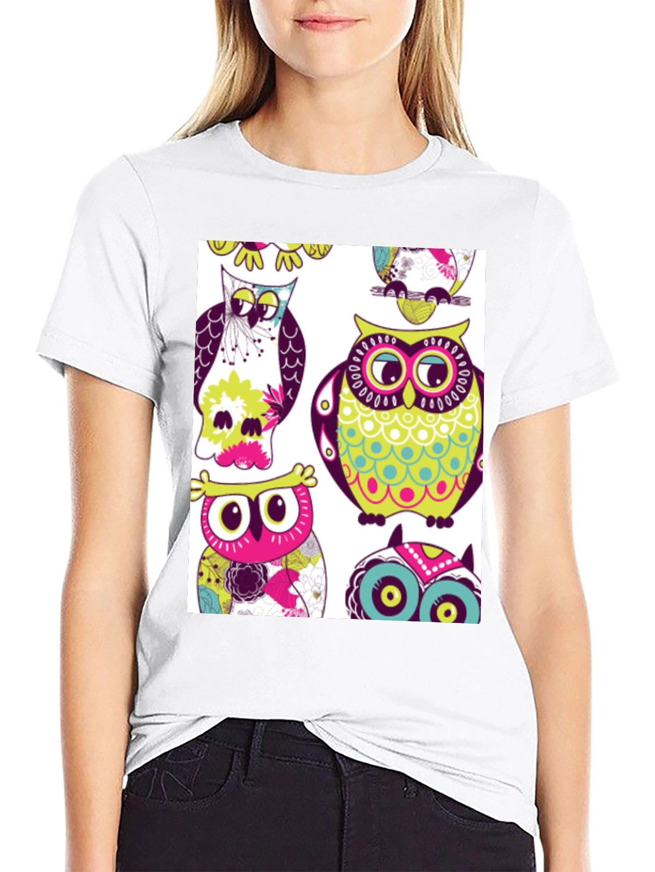 Owl Pattern Graphic Print Crew Neck Tee