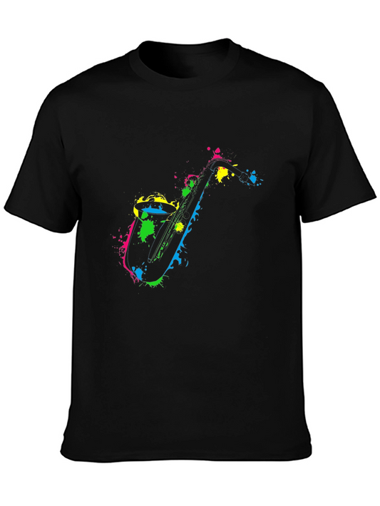 Colorful Saxophone Graphic Black T-Shirt