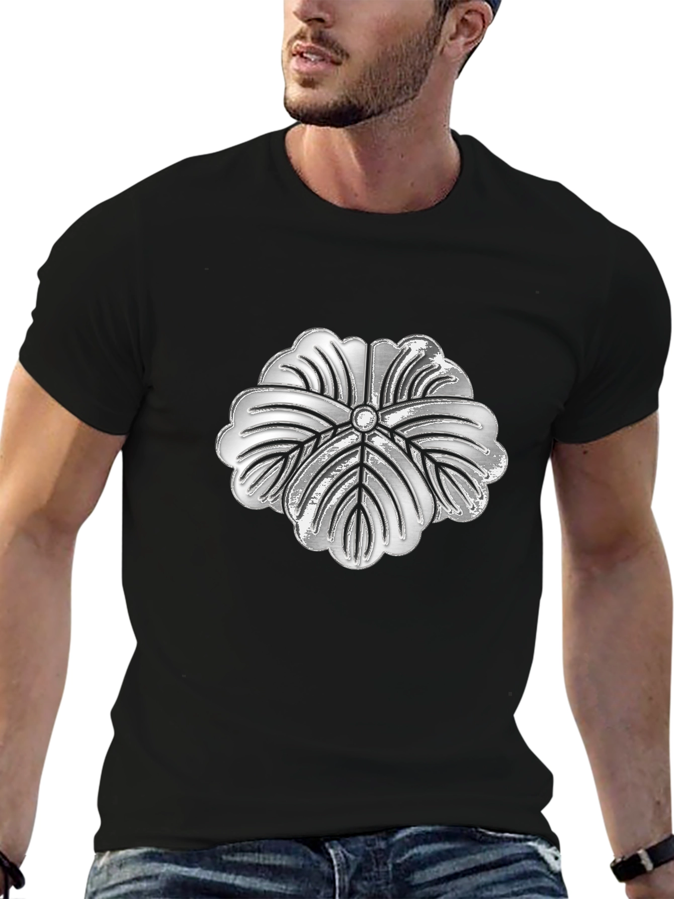 Silver Floral Graphic Print Black T-Shirt