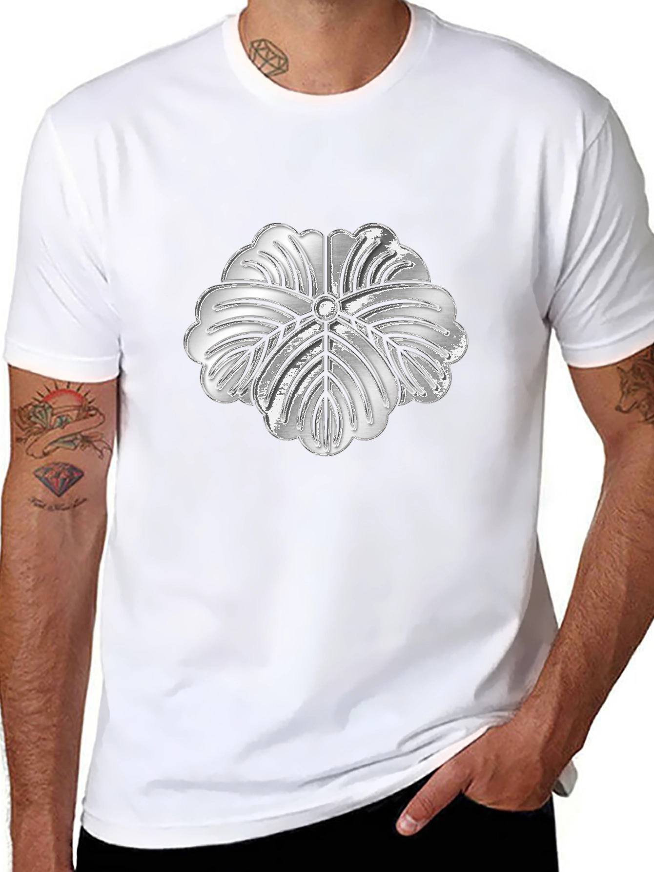 Silver Floral Graphic Print Black T-Shirt