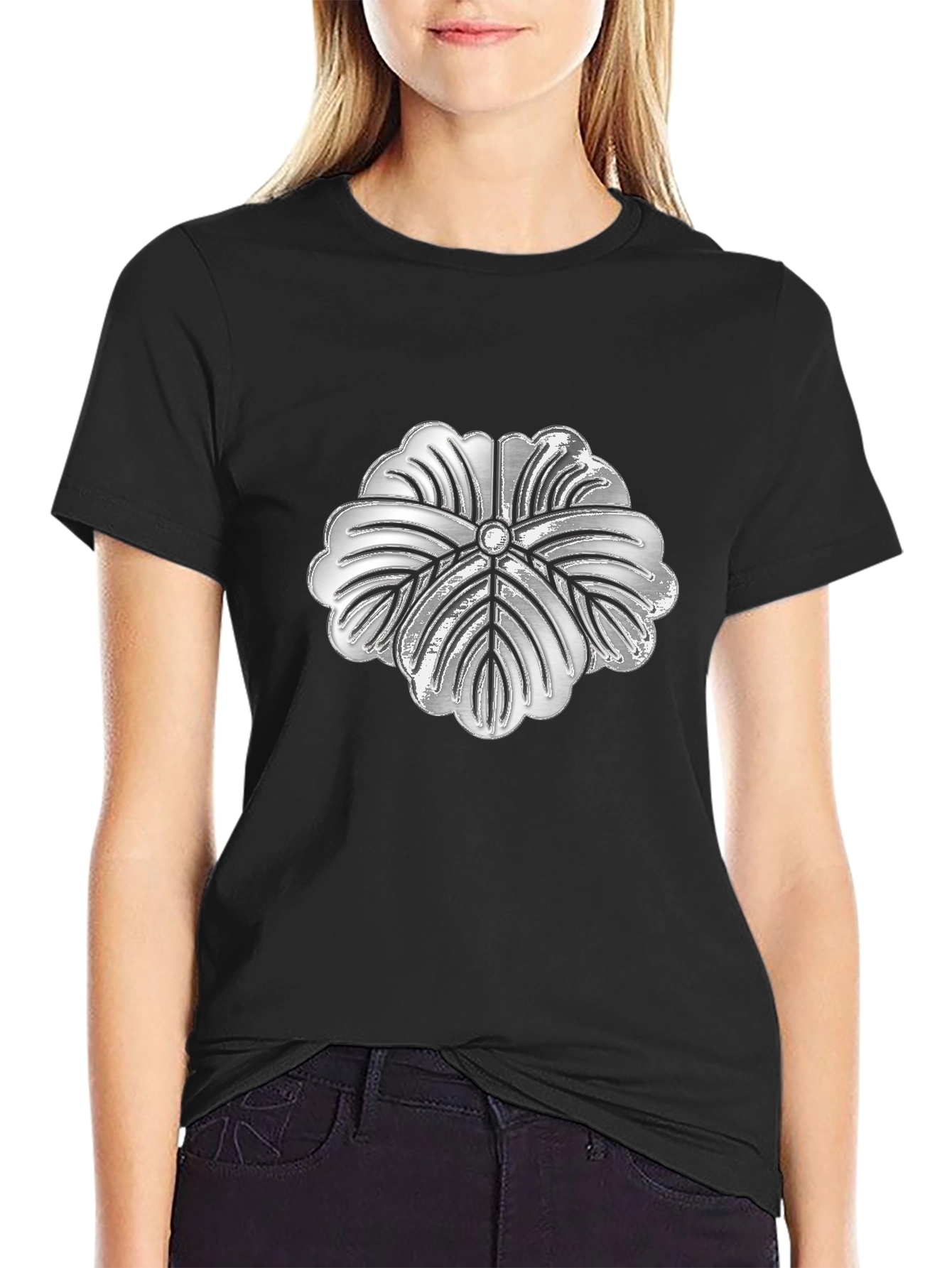 Silver Floral Graphic Print Black T-Shirt