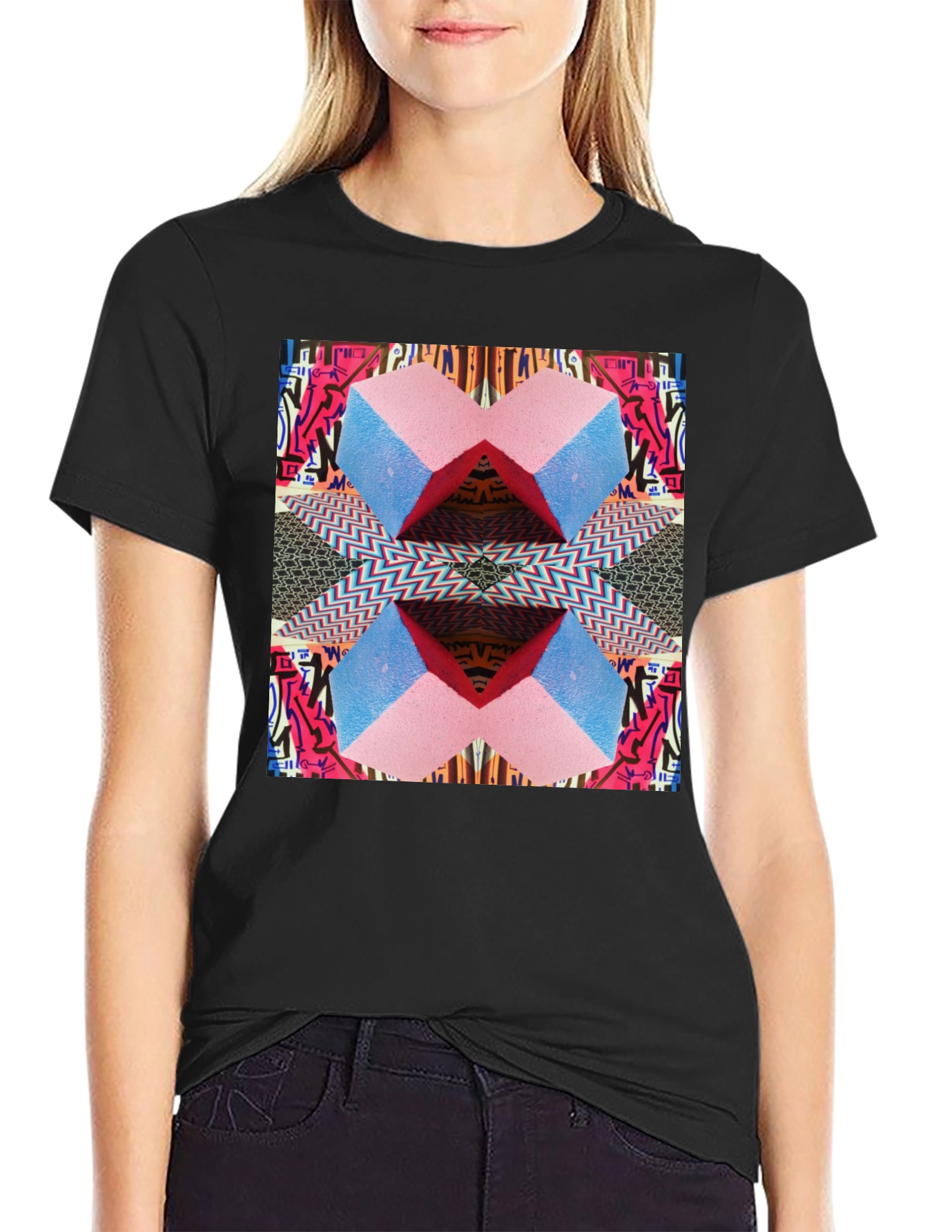 Geometric Patterned Black Graphic Tee