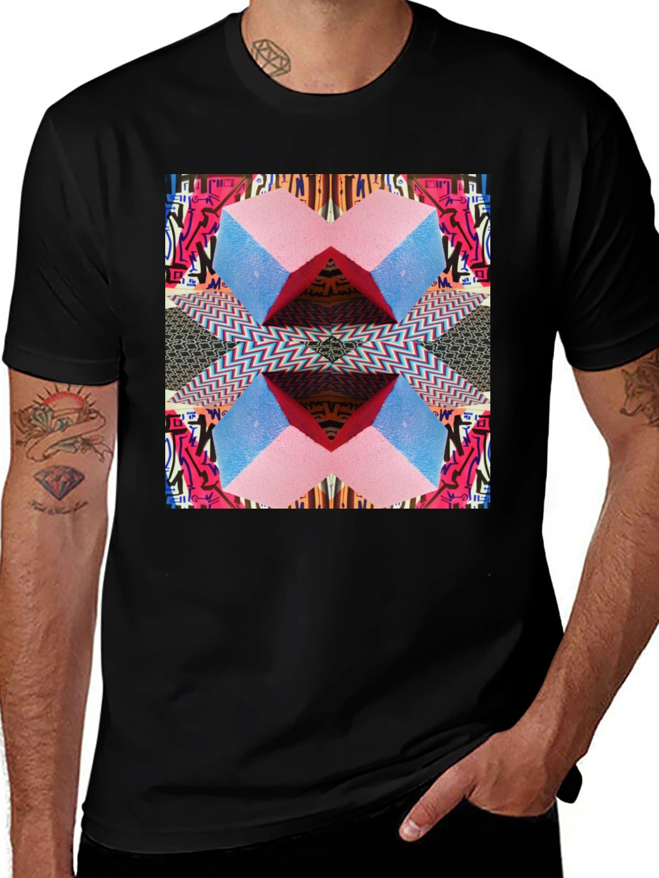 Geometric Patterned Black Graphic Tee