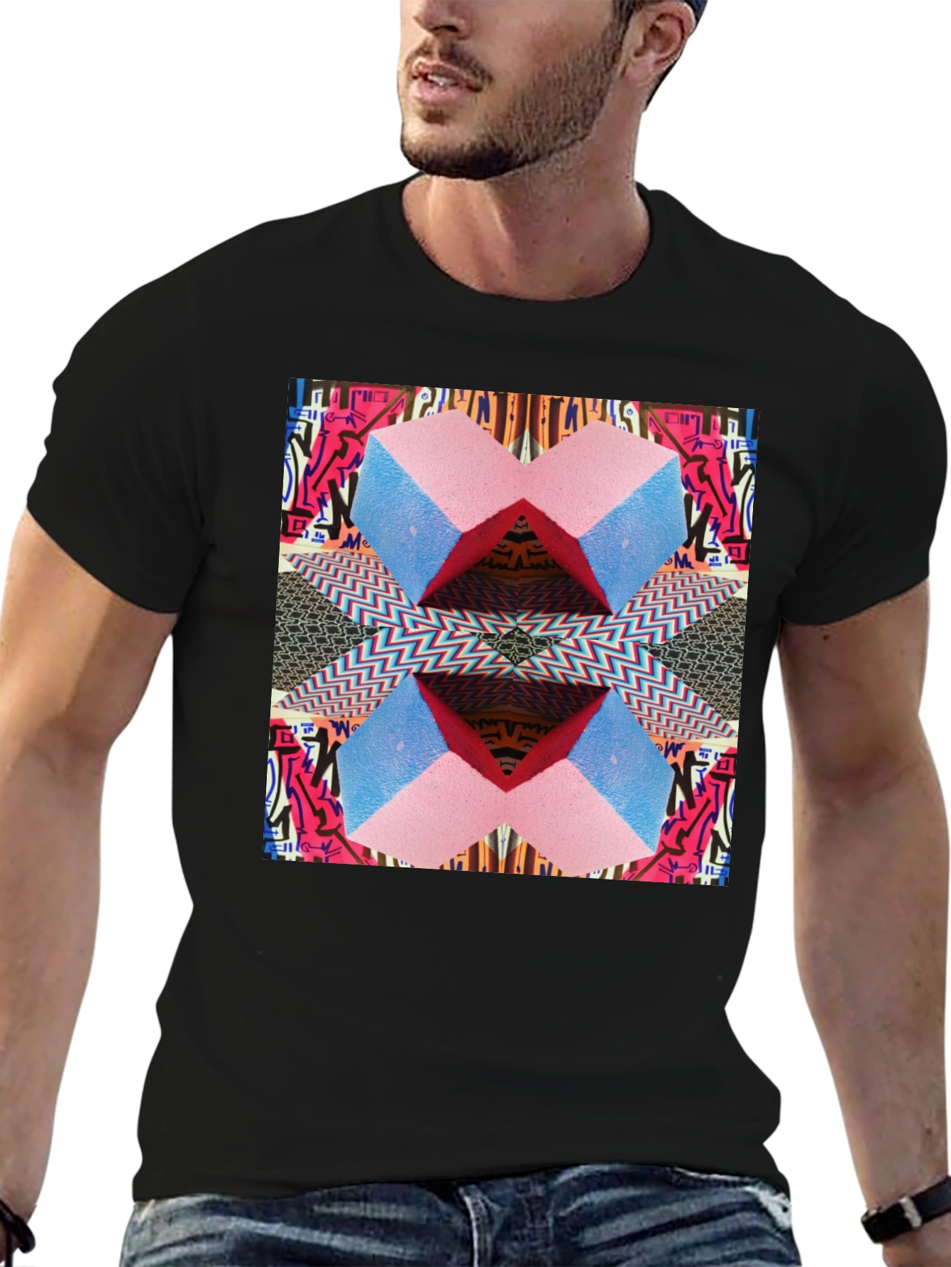 Geometric Patterned Black Graphic Tee