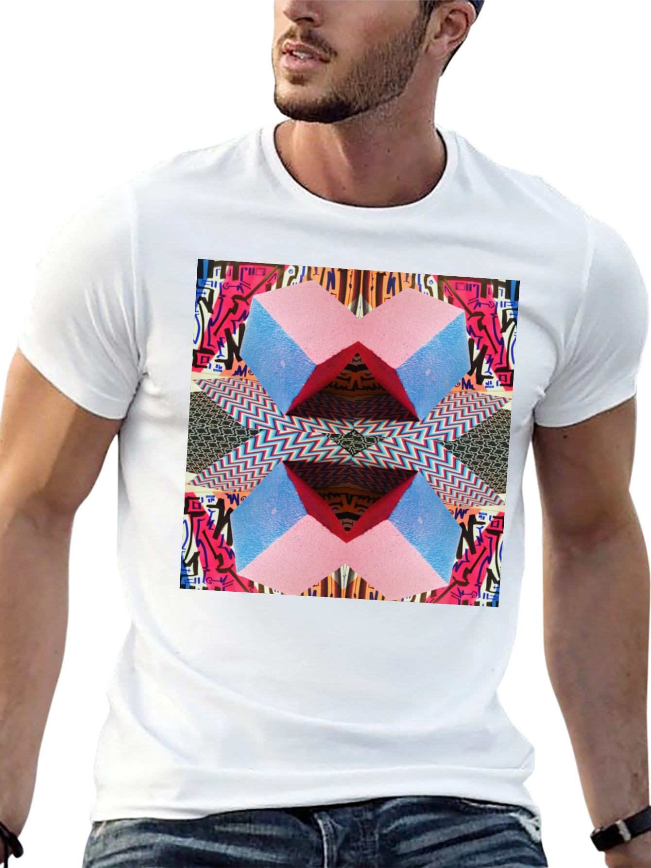 Geometric Patterned Black Graphic Tee