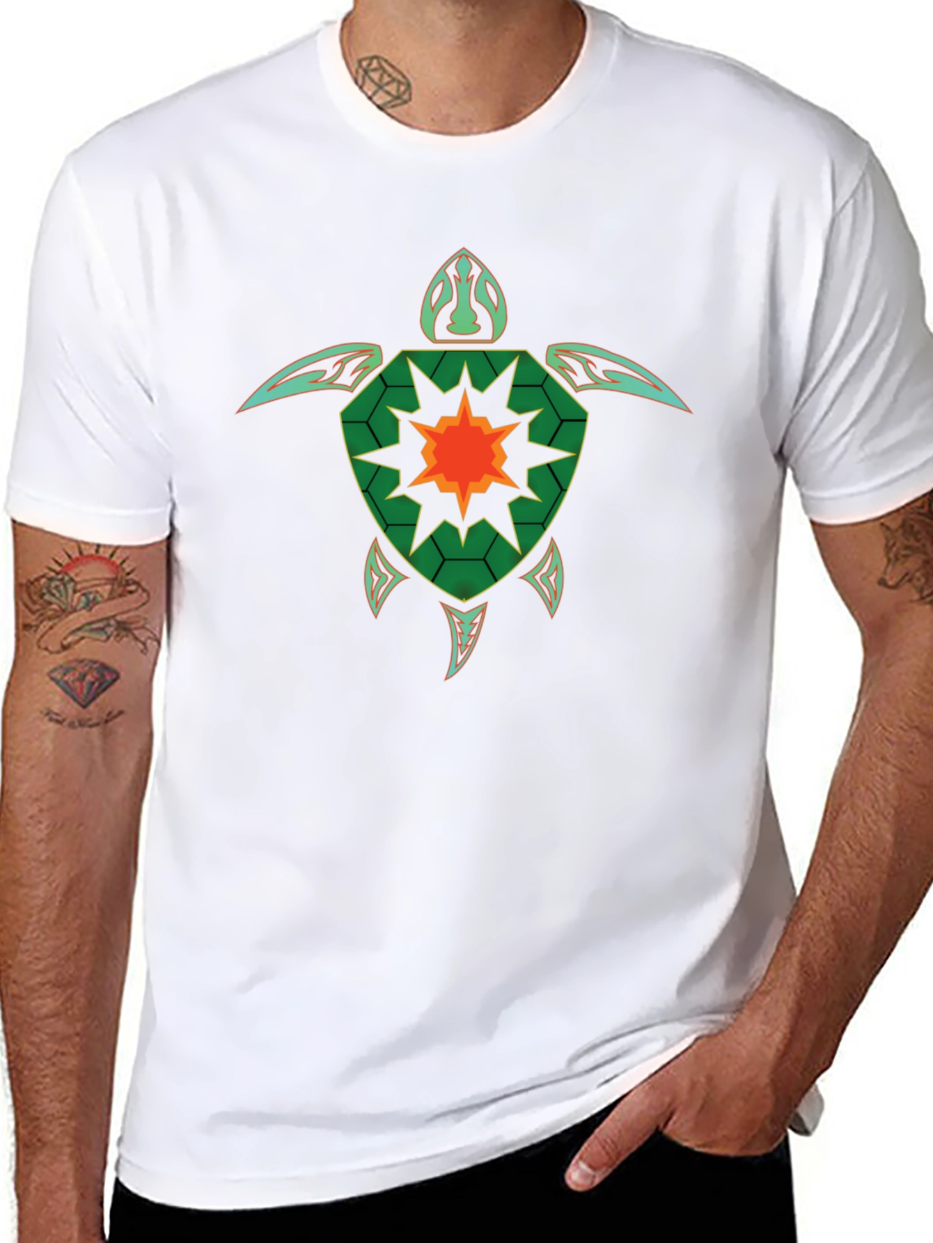 Geometric Turtle Graphic Tee - Black Cotton Casual T-Shirt